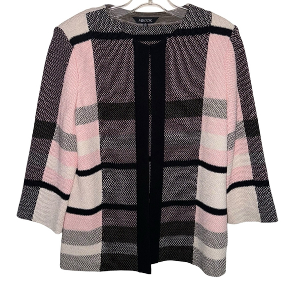 Misook Womens Open Knit Cardigan Hook eye Closure Sweater S Pink Black - Picture 2 of 10